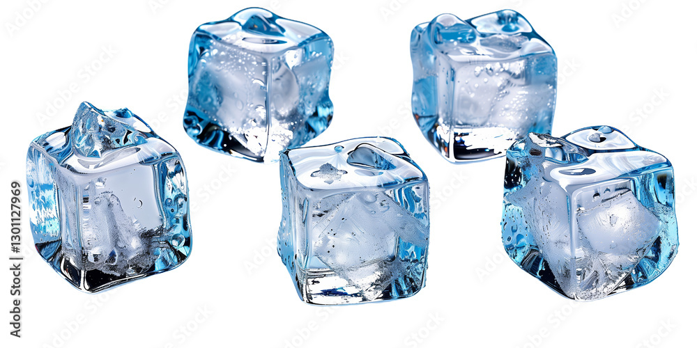 Obraz premium Five Translucent Blue Ice Cubes on Transparent Background