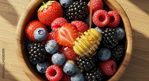Delicious Honey Drizzled Mixed Berries in Wooden Bowl
