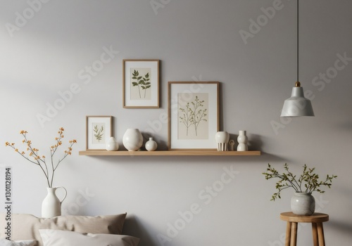 Neutral Minimalist Bedroom Decor with Wooden Shelf and Botanical Prints