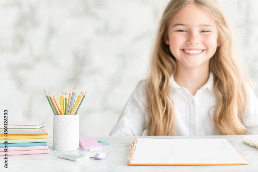 joyful student with bright toothy smile sits at neatly arranged desk filled with colorful school supplies including