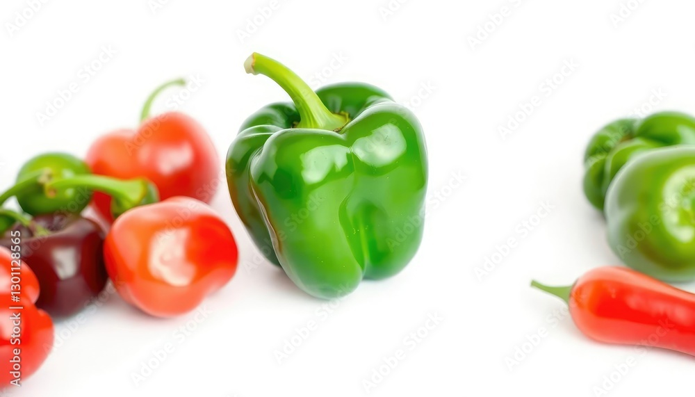 A single vibrant green bell pepper, glossy and flawless, isolated against a pure white background, produce, food A single vibrant green bell pepper, glossy and flawless, isolated against a pure white background, produce, food