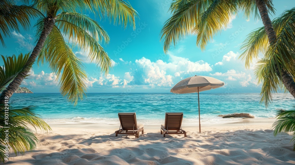 Fototapeta premium Tropical Paradise: Serene Beach Scene with Lounge Chairs and Palm Trees