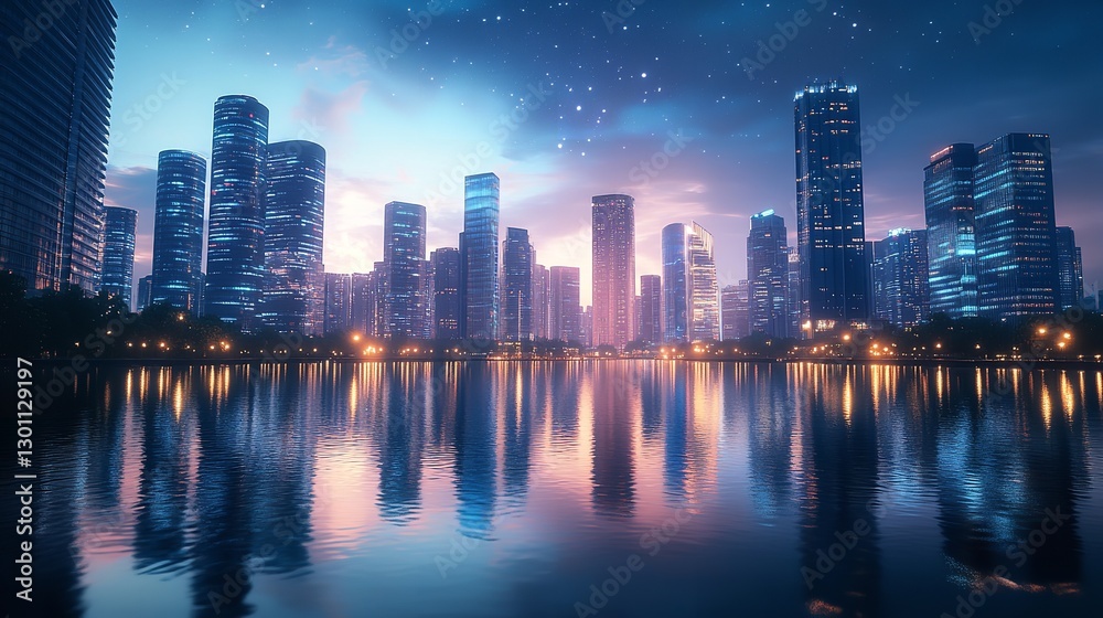 Fototapeta premium A Scene of a Big City at Evening neon light futuristic