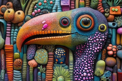 Close-up view of a vibrant, textured artwork depicting the head and neck of a toucan-like bird amidst a colorful, organic background of sculpted forms photo