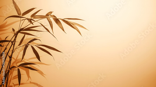 Wallpaper Mural Golden Bamboo: A close-up view of elegant bamboo branches with delicate leaves, set against a soft, golden background, evoking a sense of peace and tranquility. Torontodigital.ca