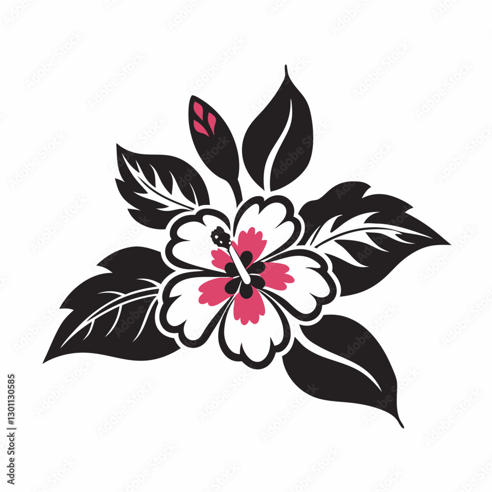 Obraz premium Black and pink hibiscus flower with leaves