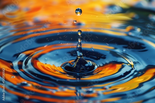 A captivating close-up of a water droplet creating ripples on the surface, reflecting colorful patterns. photo