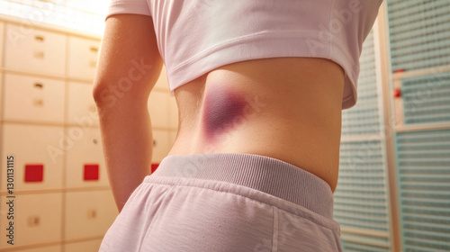 Sportswoman showing back pain and large hematoma after training injury
