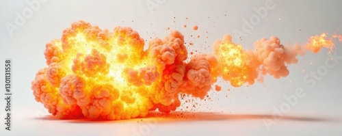 Devastating explosion of fire bomb on white surface, flames, fire, incendiary