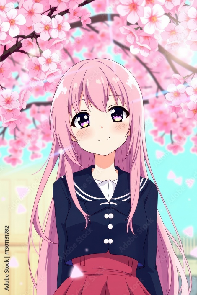 Anime girl smiling under blooming cherry blossoms in a school uniform, exuding youthful charm. Anime girl smiling under blooming cherry blossoms in a school uniform, exuding youthful charm.