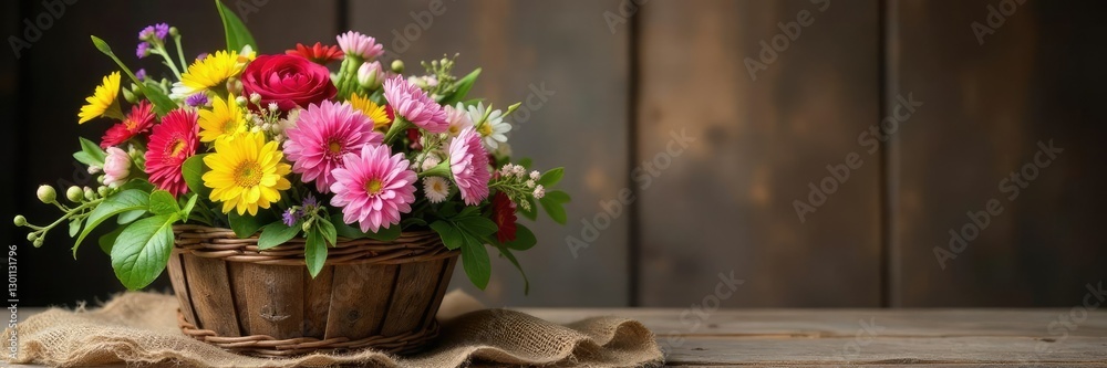 Obraz premium Fresh bouquet of wildflowers in a rustic wooden basket, burlap, wildflowers