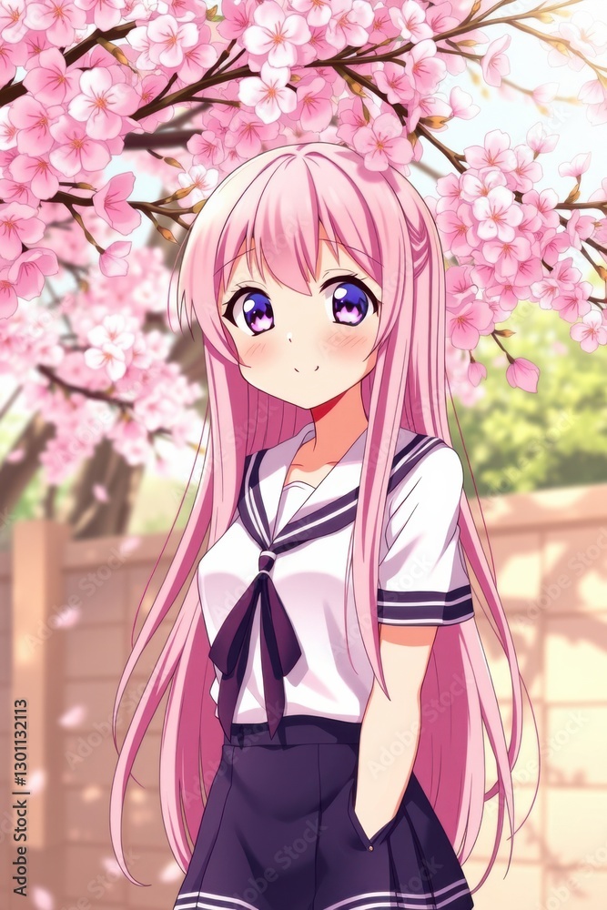 Anime schoolgirl under cherry blossoms. A serene school portrait amid spring's beauty and delicate charm. Anime schoolgirl under cherry blossoms. A serene school portrait amid spring's beauty and delicate charm.