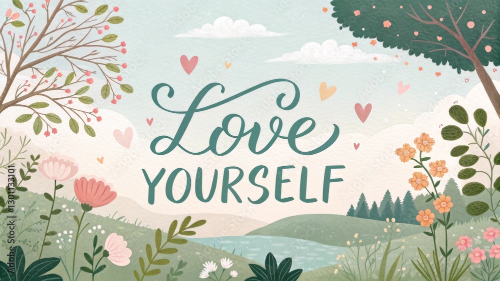 Fototapeta premium The words 'Love Yourself' in elegant calligraphy, surrounded by soft pastel hearts and a calming nature background