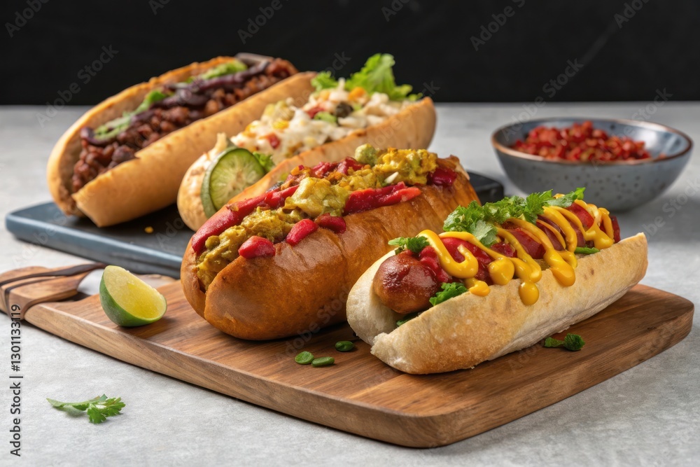 Delicious Gourmet Hot Dogs with Various Toppings on Wooden Board Delicious Gourmet Hot Dogs with Various Toppings on Wooden Board