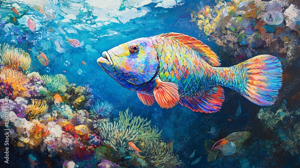 Fototapeta premium Vibrant Rainbow Wrasse Fish Swimming in a Coral Reef Underwater Scene
