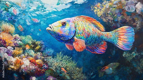 Vibrant Rainbow Wrasse Fish Swimming in a Coral Reef Underwater Scene