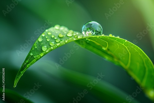 A close-up view of a dew drops resting on vibrant green leaves, showcasing the beauty of nature's details. photo