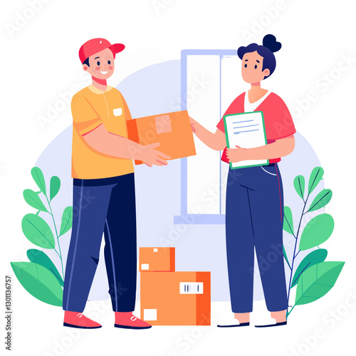 A courier hands a package to a pleased customer in a welcoming environment filled with greenery. The interaction captures a moment of satisfaction and service during the day