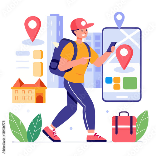 A courier uses a mobile app for route optimization while walking through an urban area filled with tall buildings and greenery. The sunny atmosphere enhances the productive mood