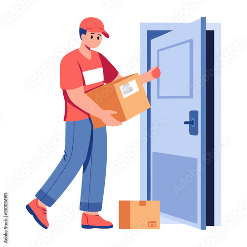 A courier stands at a doorstep scanning a box. The courier wears a casual outfit and appears focused on the delivery process. The environment suggests a lively residential area