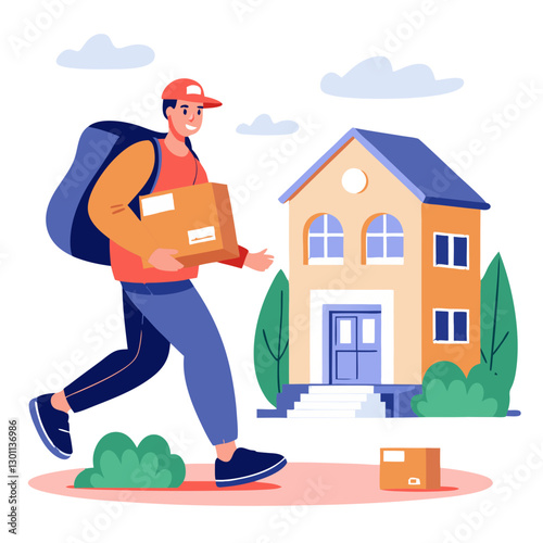 A courier is walking towards a house, holding a parcel in their hands. The bright day highlights the elements of delivery and home connection