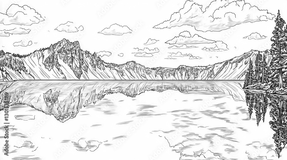 Fototapeta premium Line art of Crater Lake perfectly still waters reflecting sky