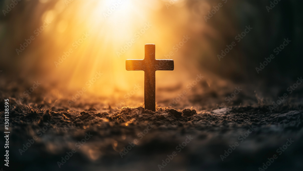 Wooden cross in soil with sunlight rays symbolizing hope, Christian religion concept Wooden cross in soil with sunlight rays symbolizing hope, Christian religion concept