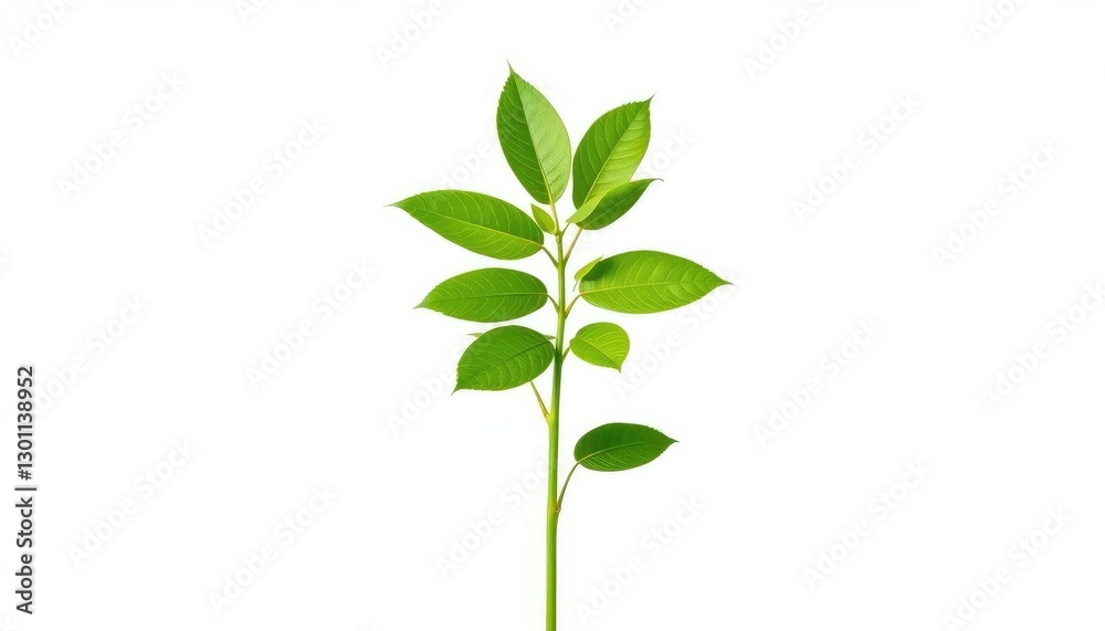 Fototapeta premium Single vibrant green plant, isolated on pure white backdrop, leaves, isolated