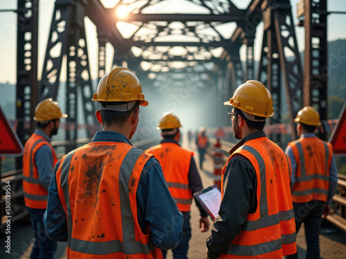 Ingenieros inspeccionando la integridad estructural de un puente, medidas de seguridad implementadas, cascos de construcción, concepto de prevención de riesgos, realismo detallado
