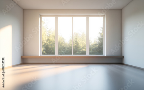 Bright and empty room with large windows viewing greenery outside during daylight