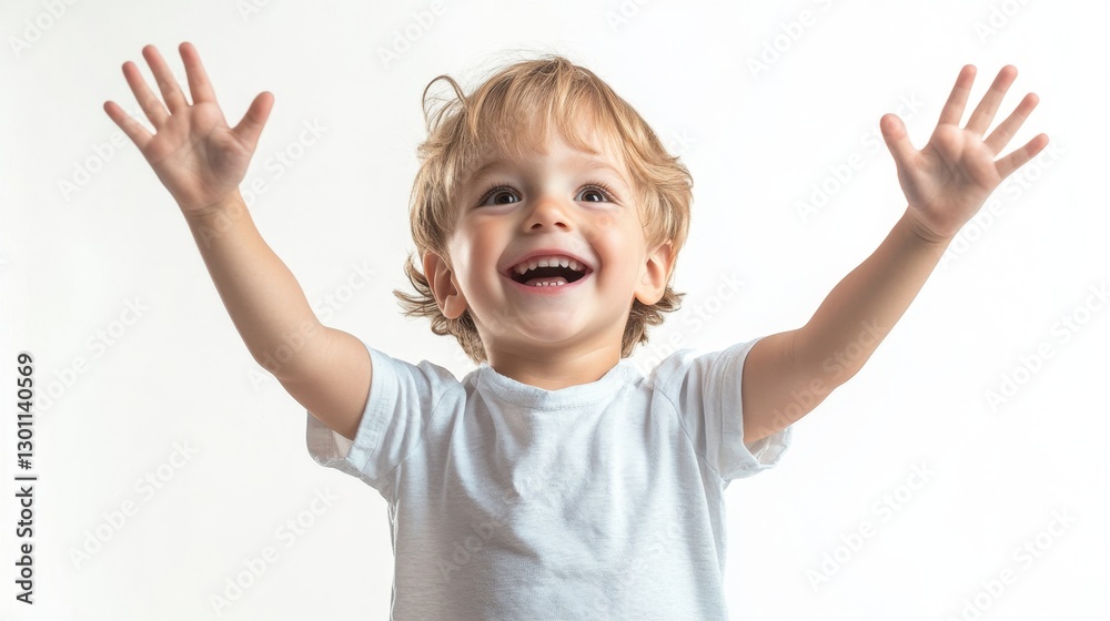 Cute little boy with raised hands up with happiness isolated over white background Cute little boy with raised hands up with happiness isolated over white background
