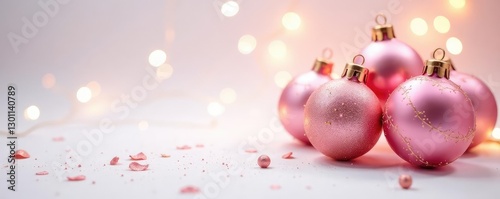 Swirling pink and gold ornamentation on a white background with twinkling lights, ornaments, glittery, bauble