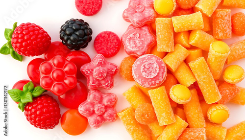 Colorful assorted gummy candies and berries on white background, vibrant mix of sweet treats and fresh fruit, bright and playful food photography photo