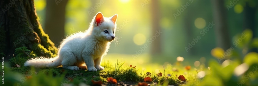 Fototapeta premium White fur blends with dappled sunlit forest light, wildlife, nature