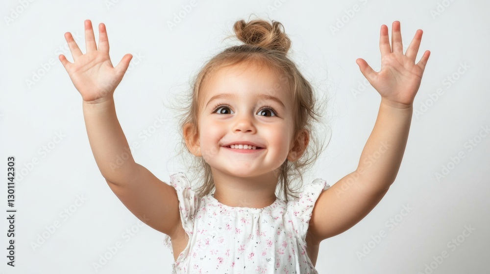 Cute little girl with raised hands up with happiness isolated over white background Cute little girl with raised hands up with happiness isolated over white background