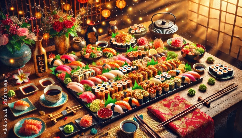 Naklejka premium A vibrant and festive still life of a sushi feast set on a beautifully arranged table. The assortment includes various types of sushi 