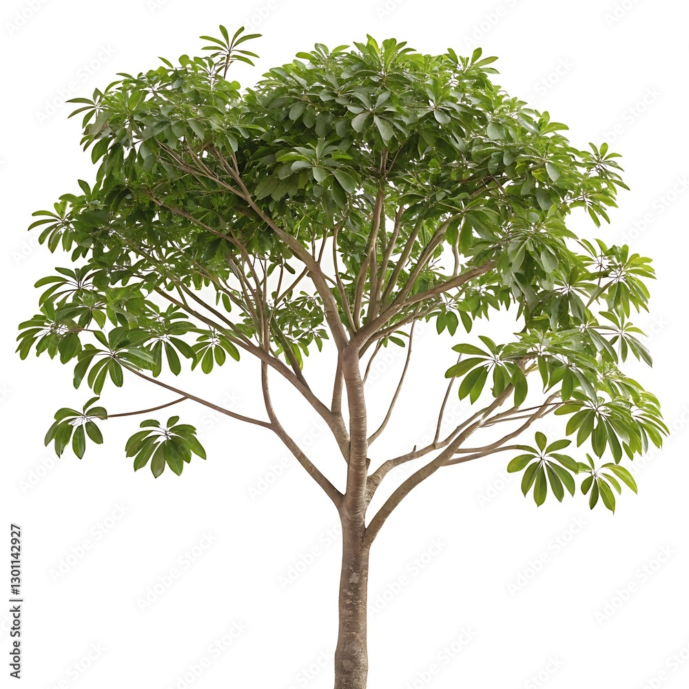 Fototapeta premium A striking umbrella tree with a smooth, slender trunk and a dense green crown of leaves, isolated on a white background for a minimalist effect