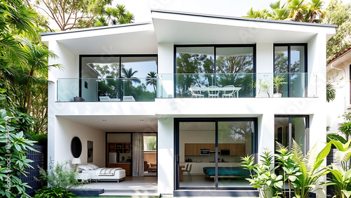 Stunning modern house with large glass windows and lush landscaping, sleek minimalist design, ideal for luxury living and contemporary style photo