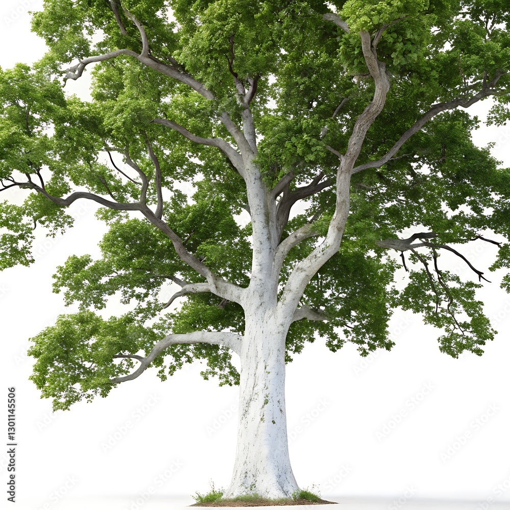 Fototapeta premium Majestic Sycamore Tree with White Bark and Lush Green Foliage Isolated on White Background