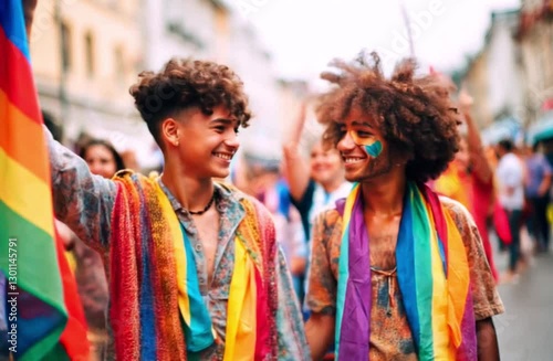 Two young boys with lgtbi flags at the gay pride demonstration