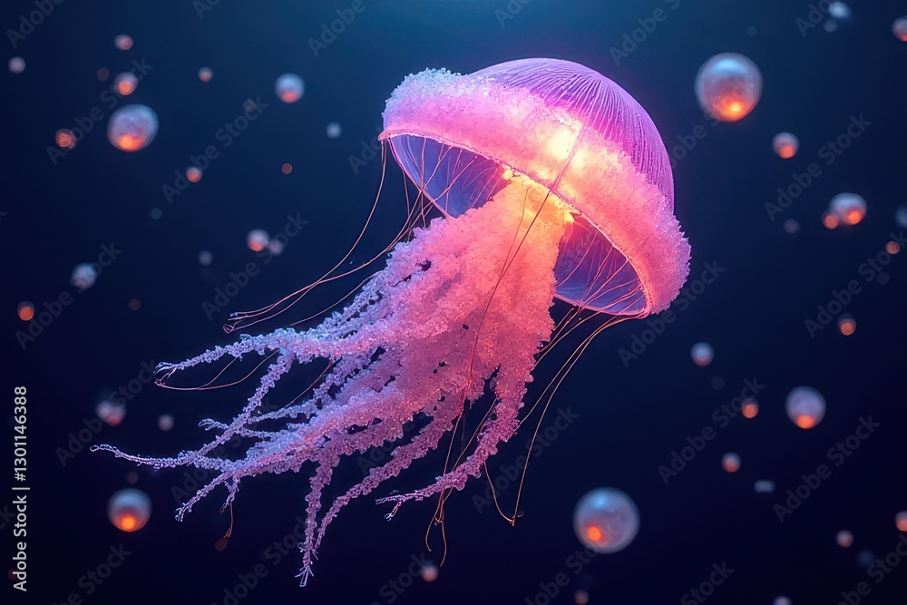 Fototapeta premium Radiant Jellyfish with Crystalline Tentacles: Pulsing Quantum Light in a Neon-Lit Galaxy