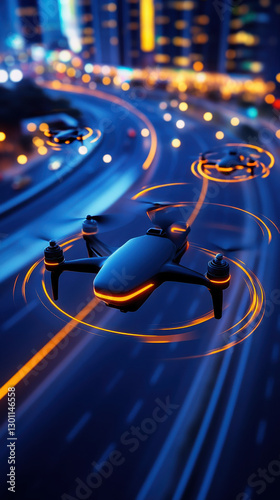 High tech drones flying over city at night, showcasing urban innovation