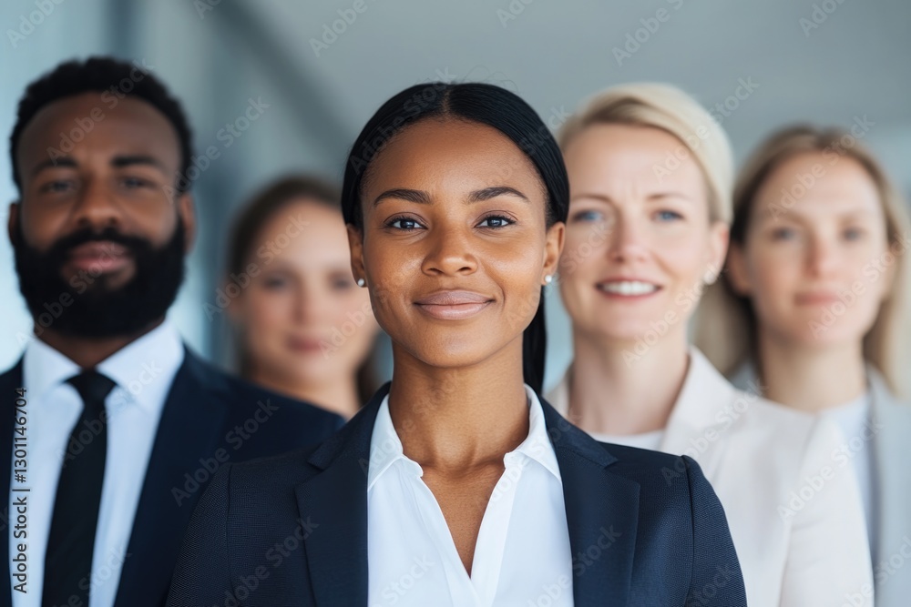 minimalistic portrait of diverse group of sales or marketing professionals blurred background