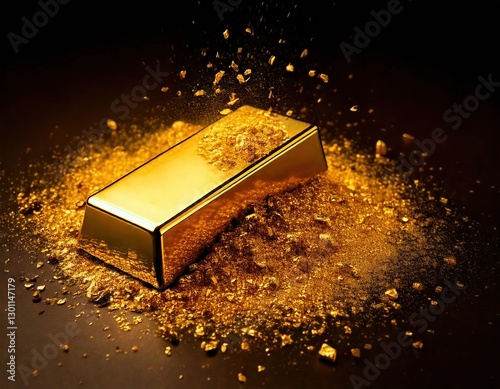 Gold ingot surrounded by shining gold dust on a dark background