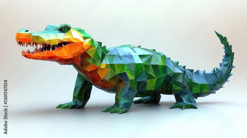Fototapeta premium Low-poly alligator model, vibrant colors, studio, 3D render, children's book