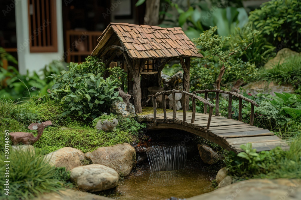 Miniature Rustic House and Wooden Bridge in a Lush Green Garden Miniature Rustic House and Wooden Bridge in a Lush Green Garden
