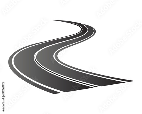 Roads in perspective. Bended pathway road curved city street to horizon. Journey asphalt highway isolated vector set 