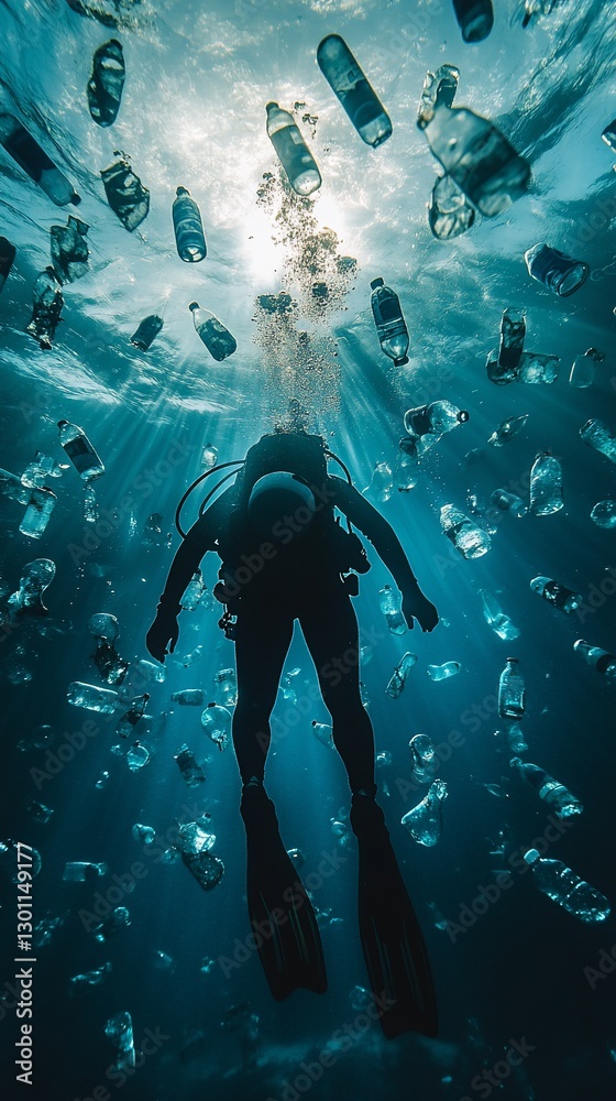 Fototapeta premium Underwater diver confronts plastic pollution