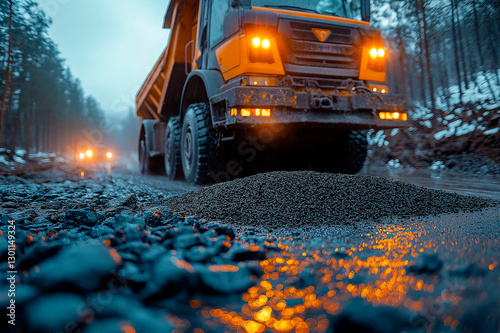 Construction truck unloads gravel in industrial setting during bright outdoor conditions