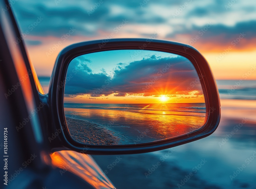 A vibrant sunset reflected in the rearview mirror of a car parked on a sandy beach. A vibrant sunset reflected in the rearview mirror of a car parked on a sandy beach.